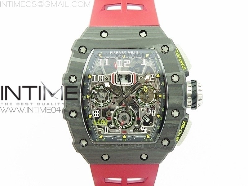 RM011 Carbon Case Chrono KVF 1:1 Best Edition Crystal Skeleton Yellow Dial on Red Rubber Strap A7750