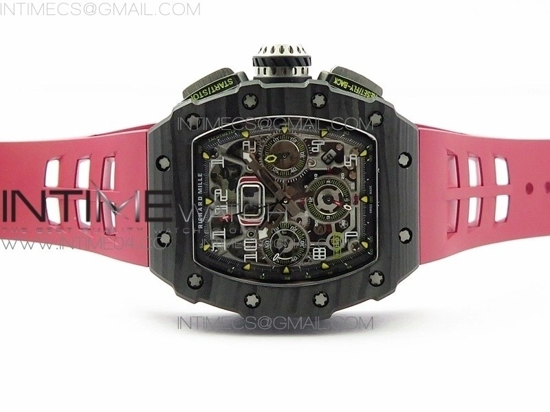 RM011 Carbon Case Chrono KVF 1:1 Best Edition Crystal Skeleton Yellow Dial on Red Rubber Strap A7750