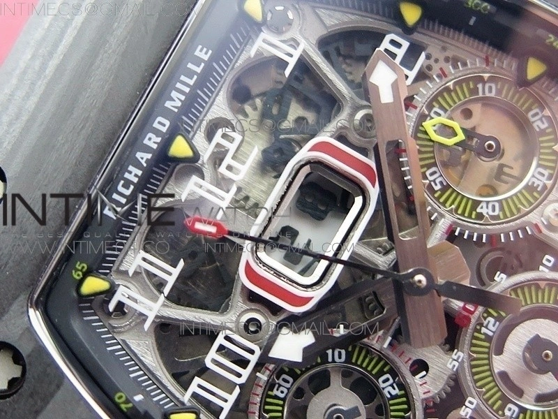 RM011 Carbon Case Chrono KVF 1:1 Best Edition Crystal Skeleton Yellow Dial on Red Rubber Strap A7750