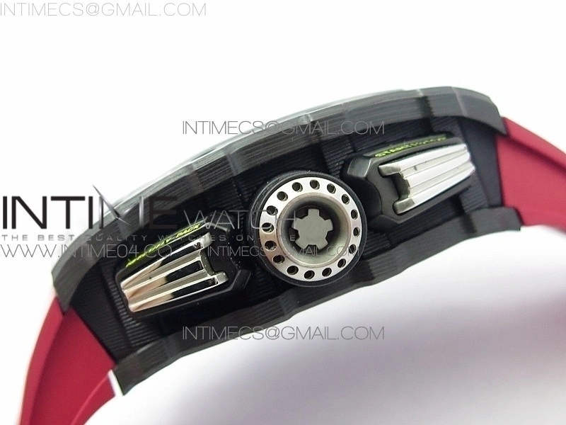 RM011 Carbon Case Chrono KVF 1:1 Best Edition Crystal Skeleton Yellow Dial on Red Rubber Strap A7750