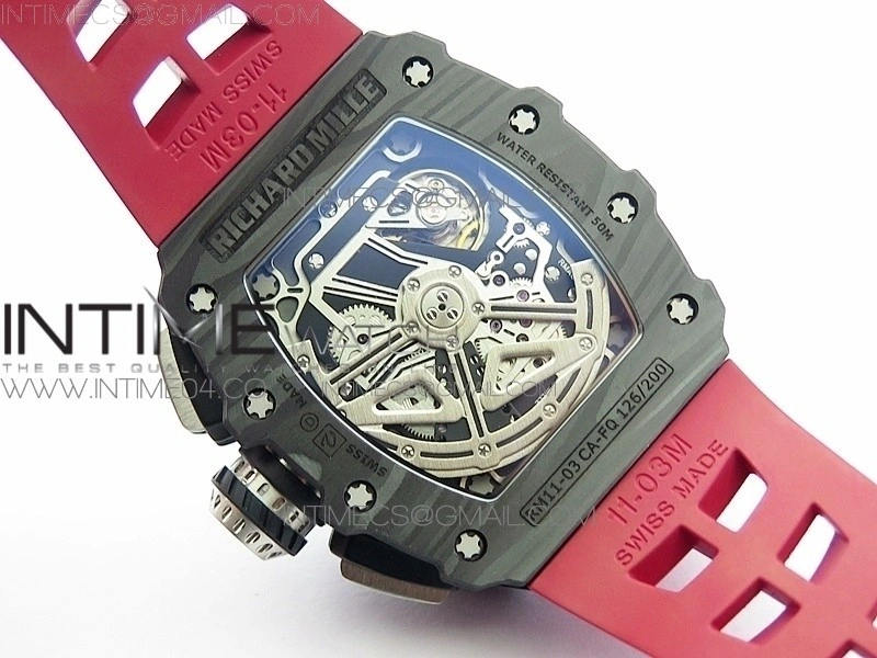 RM011 Carbon Case Chrono KVF 1:1 Best Edition Crystal Skeleton Yellow Dial on Red Rubber Strap A7750