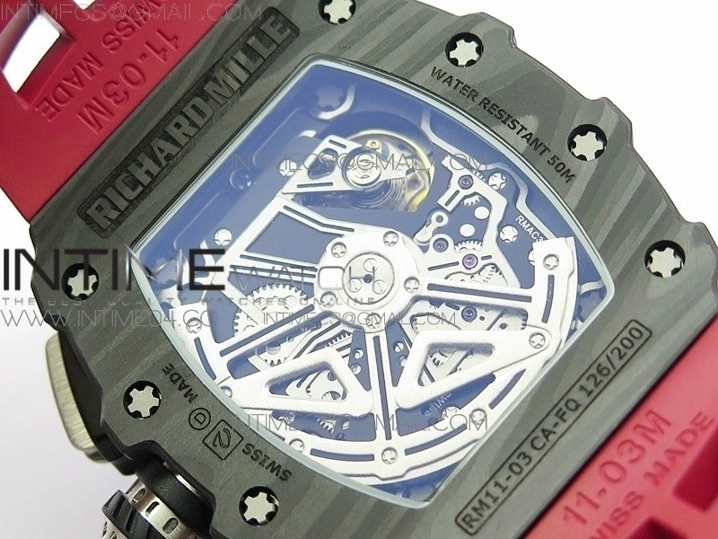 RM011 Carbon Case Chrono KVF 1:1 Best Edition Crystal Skeleton Yellow Dial on Red Rubber Strap A7750