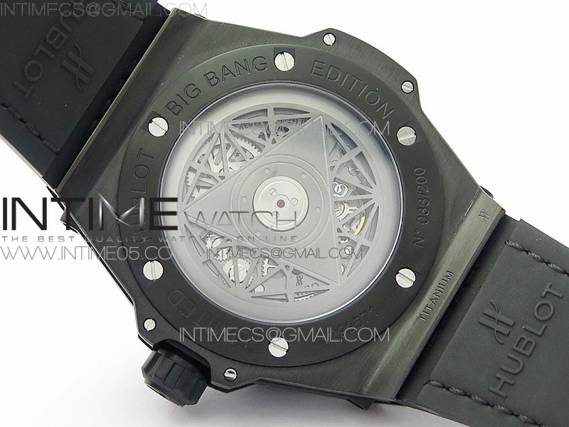 Big Bang Sang Bleu DLC Ti WWF 1:1 Best Edition Black Skeletonal Dial On Black Gummy Strap Asian HB1213 V2