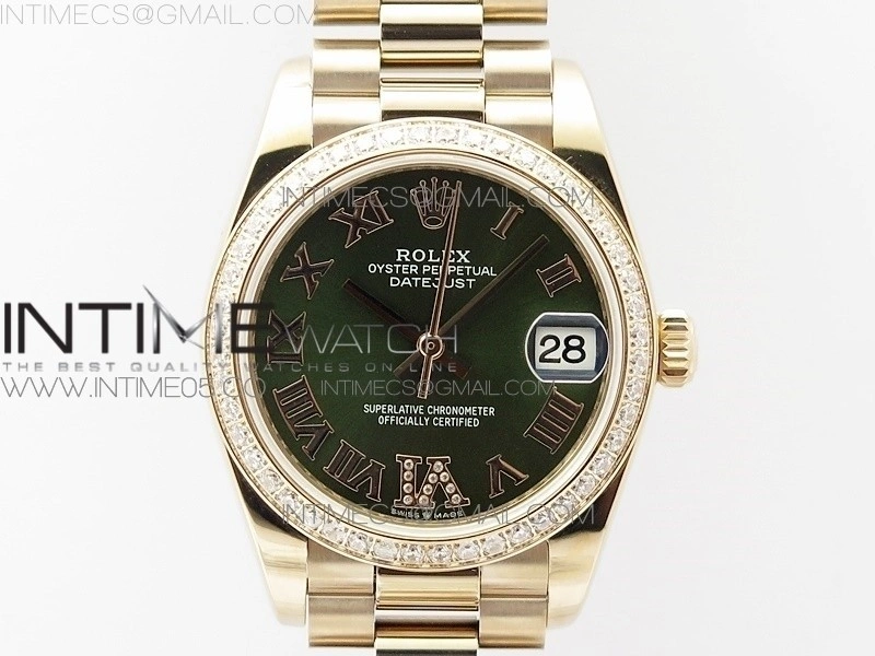 Datejust 31mm 278275 RG Dia Bezel BP Best Edition Green Roman Markers Dial @6 Dia on RG President Bracelet