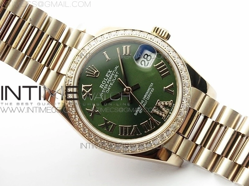 Datejust 31mm 278275 RG Dia Bezel BP Best Edition Green Roman Markers Dial @6 Dia on RG President Bracelet
