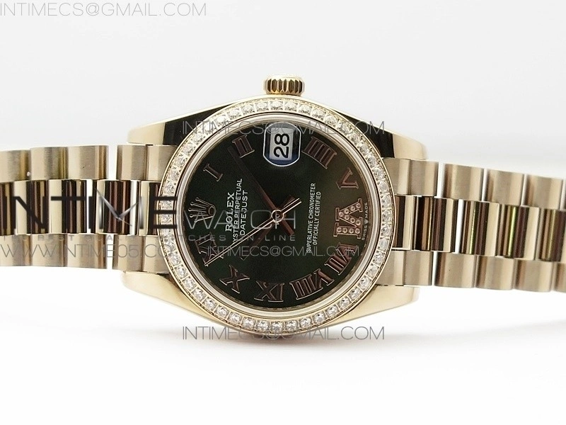 Datejust 31mm 278275 RG Dia Bezel BP Best Edition Green Roman Markers Dial @6 Dia on RG President Bracelet