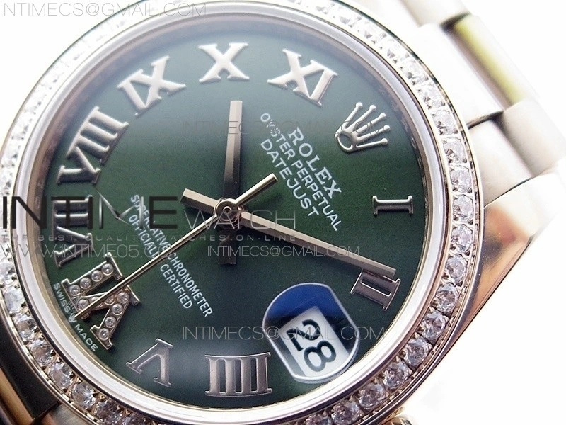 Datejust 31mm 278275 RG Dia Bezel BP Best Edition Green Roman Markers Dial @6 Dia on RG President Bracelet