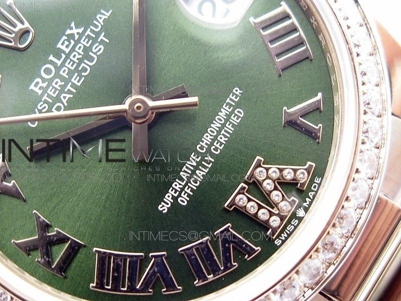 Datejust 31mm 278275 RG Dia Bezel BP Best Edition Green Roman Markers Dial @6 Dia on RG President Bracelet