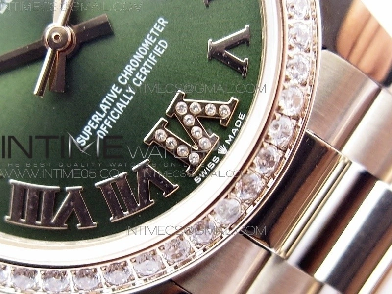 Datejust 31mm 278275 RG Dia Bezel BP Best Edition Green Roman Markers Dial @6 Dia on RG President Bracelet