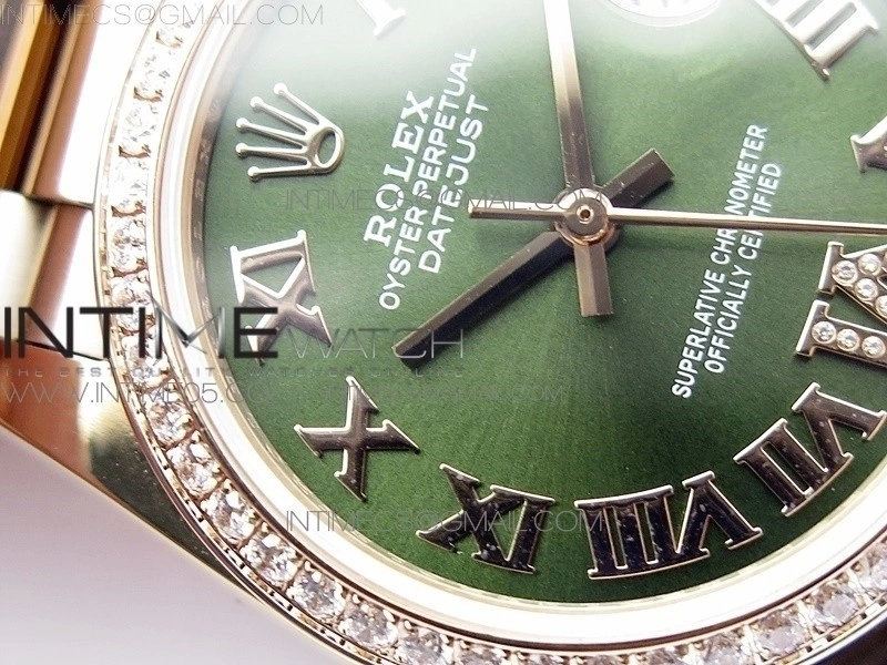 Datejust 31mm 278275 RG Dia Bezel BP Best Edition Green Roman Markers Dial @6 Dia on RG President Bracelet