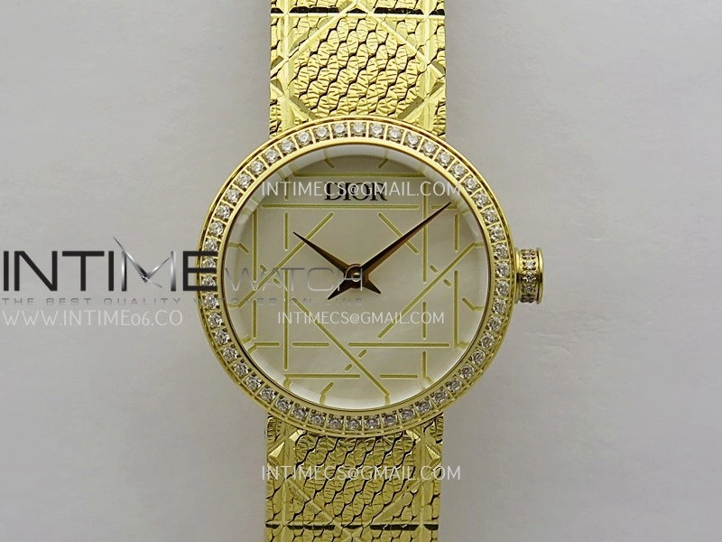 La D de Dior Satine 25mm Diamond Bezel YG 8848F 1:1 Best Edition White MOP Dial on SS bracelet Swiss Quartz