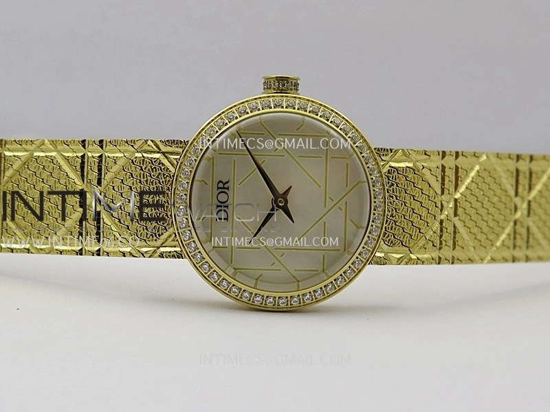 La D de Dior Satine 25mm Diamond Bezel YG 8848F 1:1 Best Edition White MOP Dial on SS bracelet Swiss Quartz