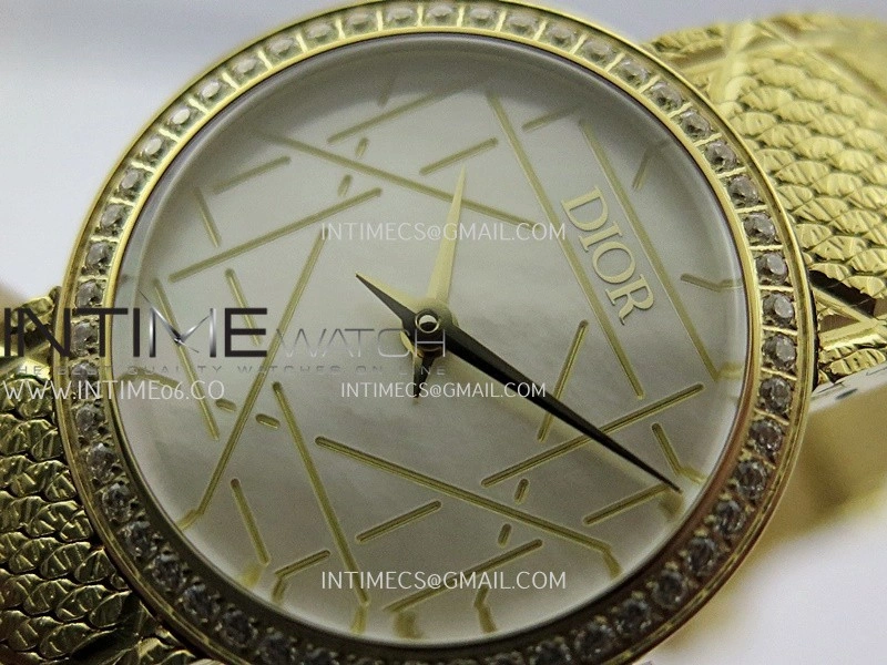 La D de Dior Satine 25mm Diamond Bezel YG 8848F 1:1 Best Edition White MOP Dial on SS bracelet Swiss Quartz