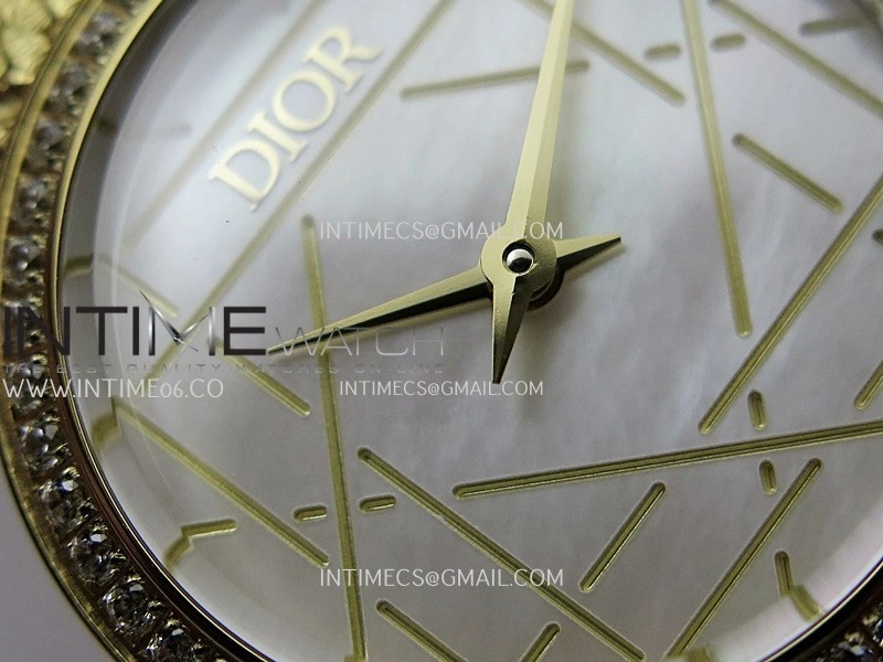 La D de Dior Satine 25mm Diamond Bezel YG 8848F 1:1 Best Edition White MOP Dial on SS bracelet Swiss Quartz