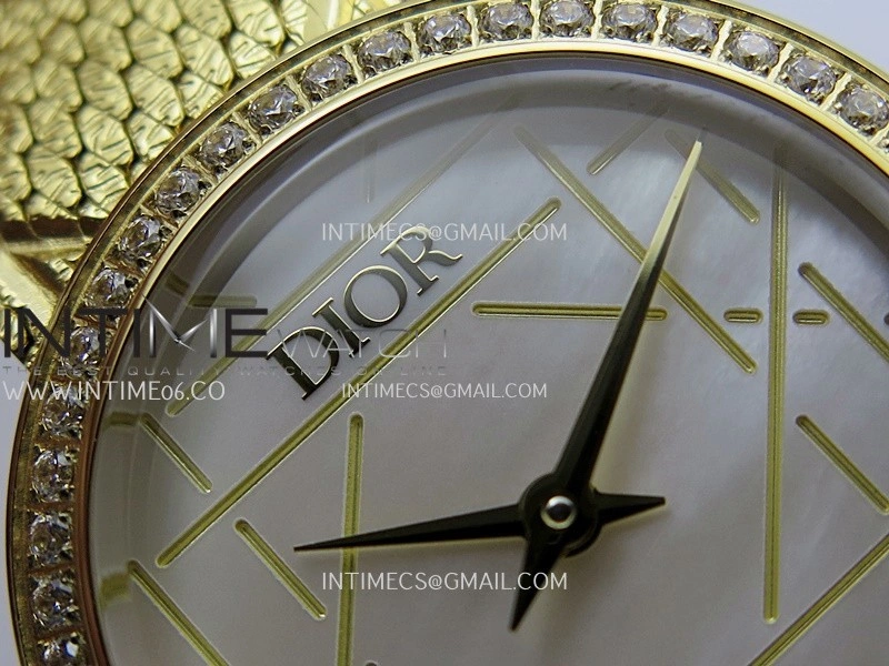 La D de Dior Satine 25mm Diamond Bezel YG 8848F 1:1 Best Edition White MOP Dial on SS bracelet Swiss Quartz