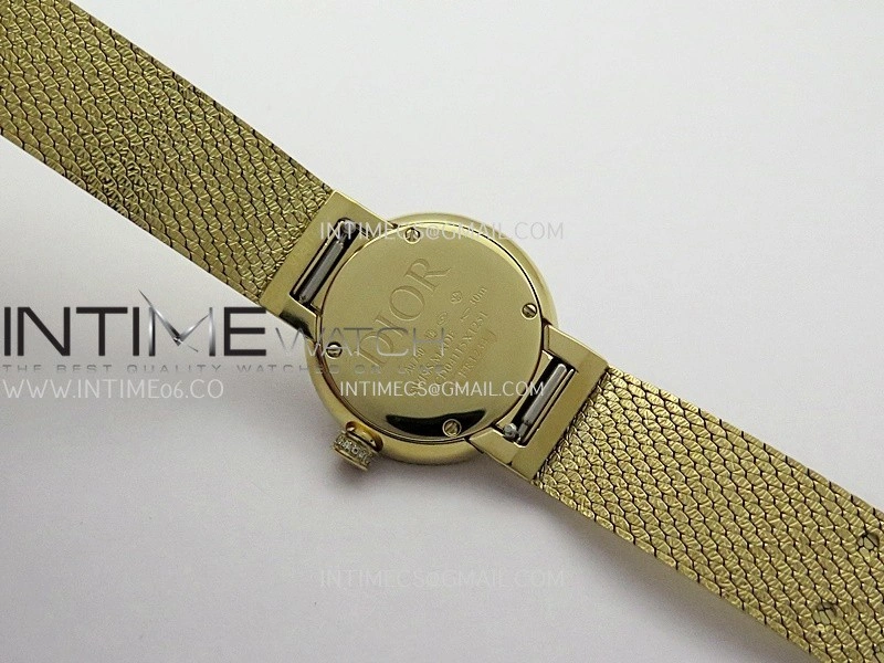 La D de Dior Satine 25mm Diamond Bezel YG 8848F 1:1 Best Edition White MOP Dial on SS bracelet Swiss Quartz