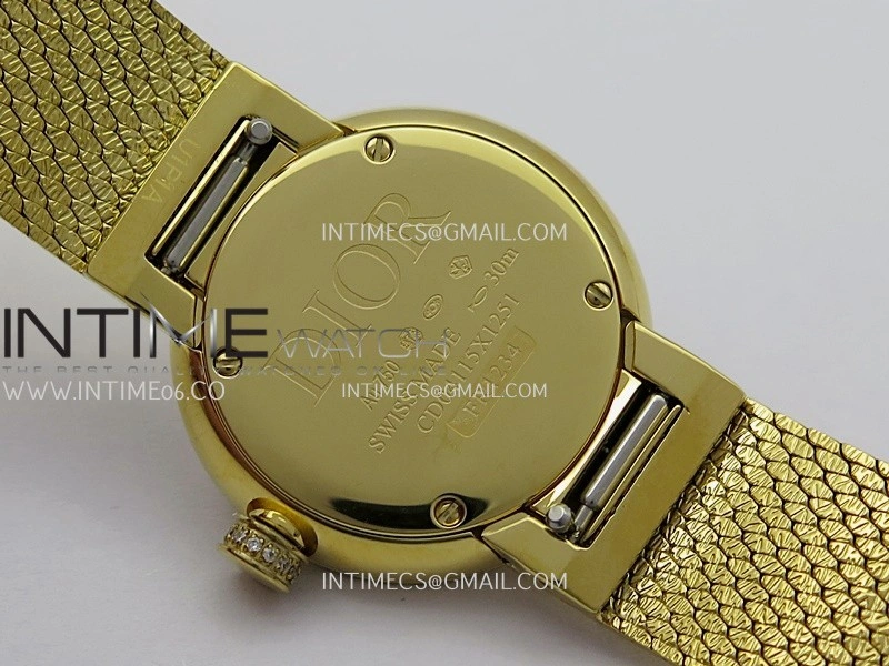 La D de Dior Satine 25mm Diamond Bezel YG 8848F 1:1 Best Edition White MOP Dial on SS bracelet Swiss Quartz