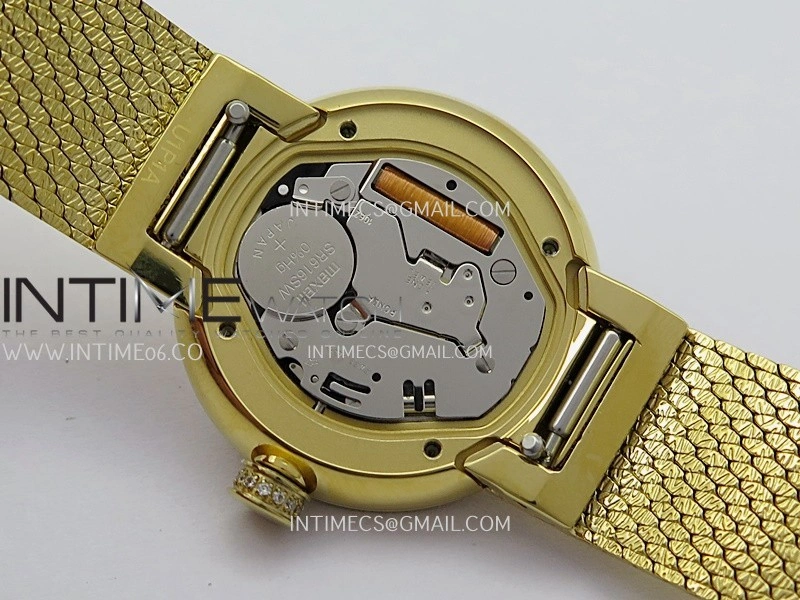 La D de Dior Satine 25mm Diamond Bezel YG 8848F 1:1 Best Edition White MOP Dial on SS bracelet Swiss Quartz
