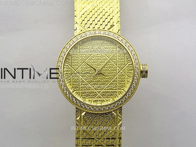 La D de dior Satine 25mm Diamond Bezel YG Case 8848F 1:1 Best Edition Gold Dial on YG bracelet Swiss Quartz