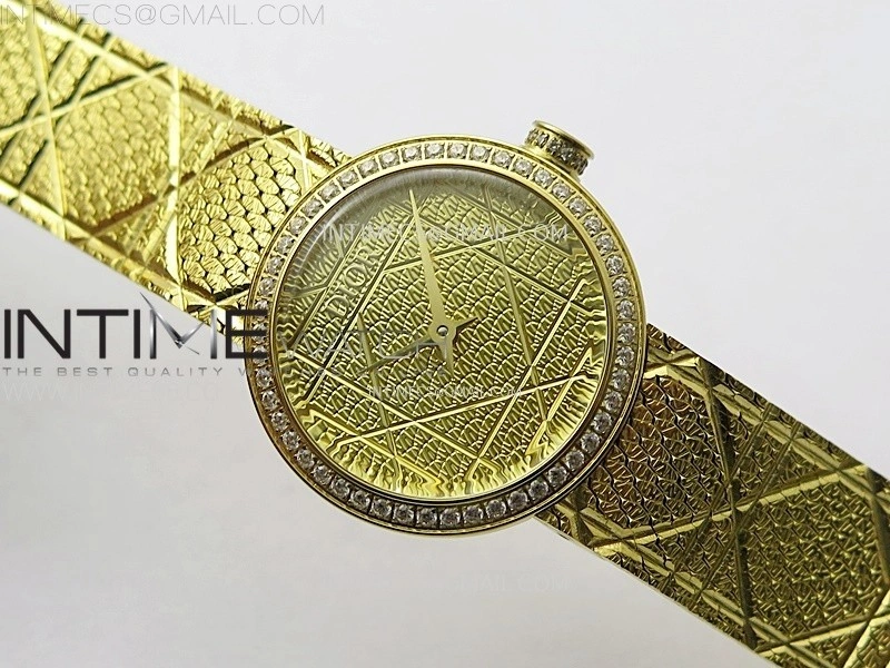 La D de dior Satine 25mm Diamond Bezel YG Case 8848F 1:1 Best Edition Gold Dial on YG bracelet Swiss Quartz