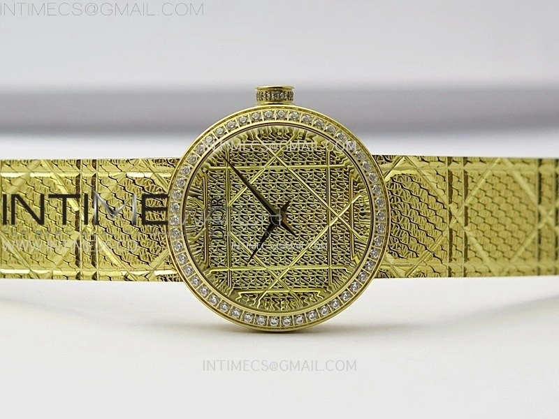 La D de dior Satine 25mm Diamond Bezel YG Case 8848F 1:1 Best Edition Gold Dial on YG bracelet Swiss Quartz