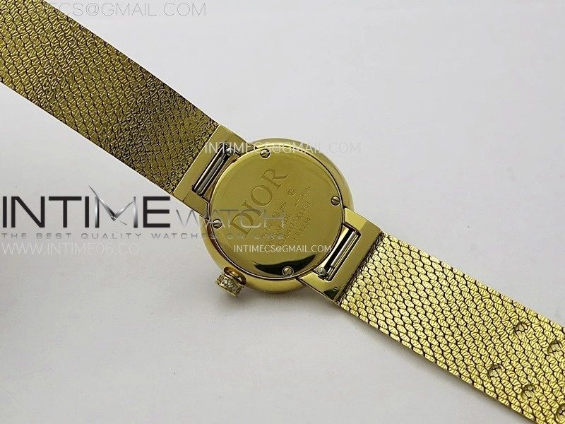La D de dior Satine 25mm Diamond Bezel YG Case 8848F 1:1 Best Edition Gold Dial on YG bracelet Swiss Quartz
