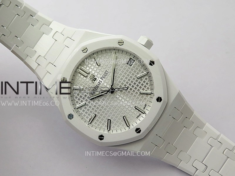 Royal Oak 15500 White Ceramic APSF 1:1 Best Edition Silver Dial On White Ceramic Bracelet SA4302 Super Clone