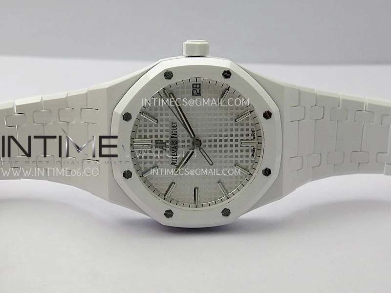 Royal Oak 15500 White Ceramic APSF 1:1 Best Edition Silver Dial On White Ceramic Bracelet SA4302 Super Clone