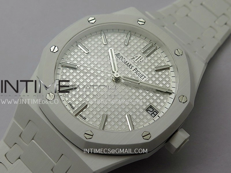 Royal Oak 15500 White Ceramic APSF 1:1 Best Edition Silver Dial On White Ceramic Bracelet SA4302 Super Clone
