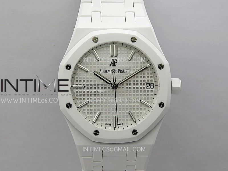 Royal Oak 15500 White Ceramic APSF 1:1 Best Edition Silver Dial On White Ceramic Bracelet SA4302 Super Clone
