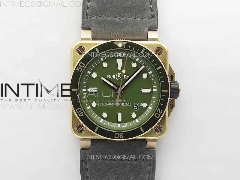 BR 03-92 Diver Ceramic Bezel Bronze B12 1:1 Best Edition Green Dial on Gray Leather Strap MIYOTA 9015