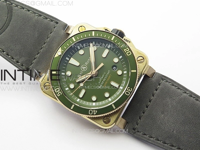 BR 03-92 Diver Ceramic Bezel Bronze B12 1:1 Best Edition Green Dial on Gray Leather Strap MIYOTA 9015