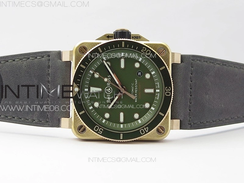 BR 03-92 Diver Ceramic Bezel Bronze B12 1:1 Best Edition Green Dial on Gray Leather Strap MIYOTA 9015