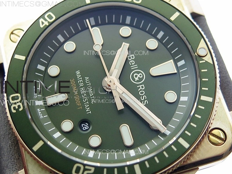 BR 03-92 Diver Ceramic Bezel Bronze B12 1:1 Best Edition Green Dial on Gray Leather Strap MIYOTA 9015