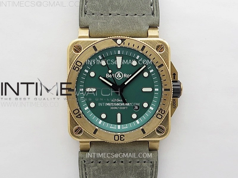 BR 03-92 Diver Ceramic Bezel Bronze B12 1:1 Best Edition Green Dial on Gray Leather Strap MIYOTA 9015
