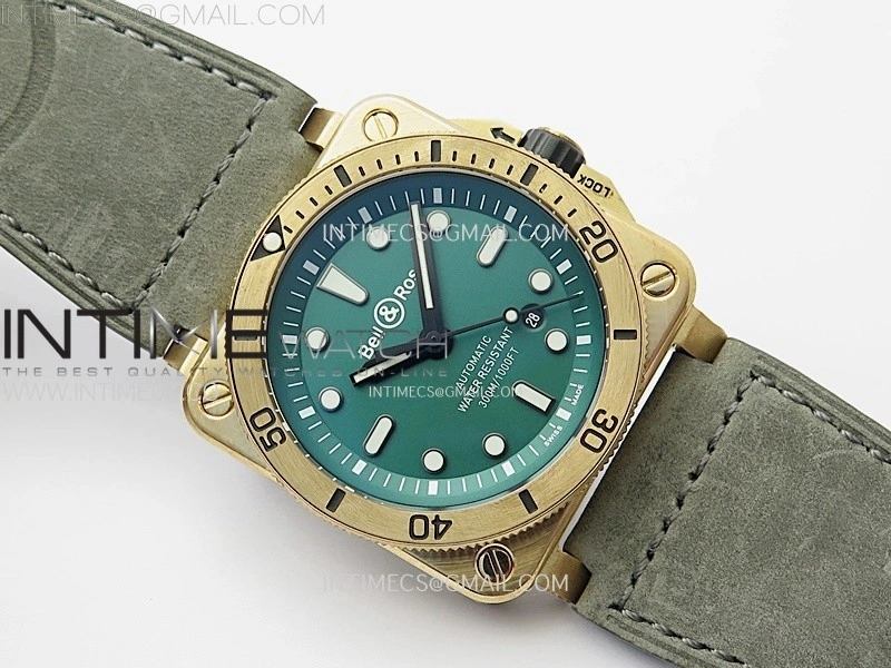 BR 03-92 Diver Ceramic Bezel Bronze B12 1:1 Best Edition Green Dial on Gray Leather Strap MIYOTA 9015