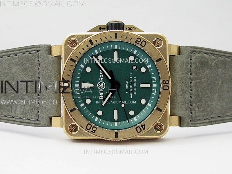 BR 03-92 Diver Ceramic Bezel Bronze B12 1:1 Best Edition Green Dial on Gray Leather Strap MIYOTA 9015