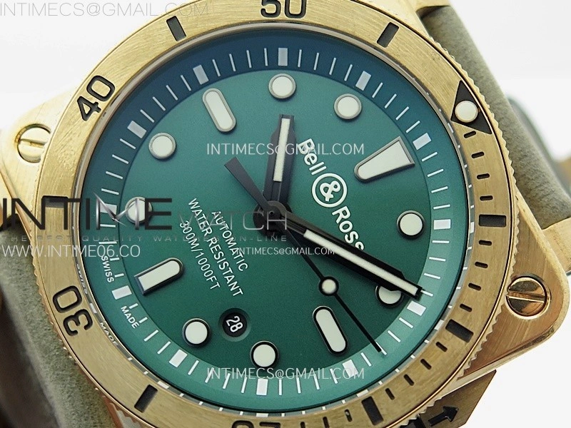 BR 03-92 Diver Ceramic Bezel Bronze B12 1:1 Best Edition Green Dial on Gray Leather Strap MIYOTA 9015