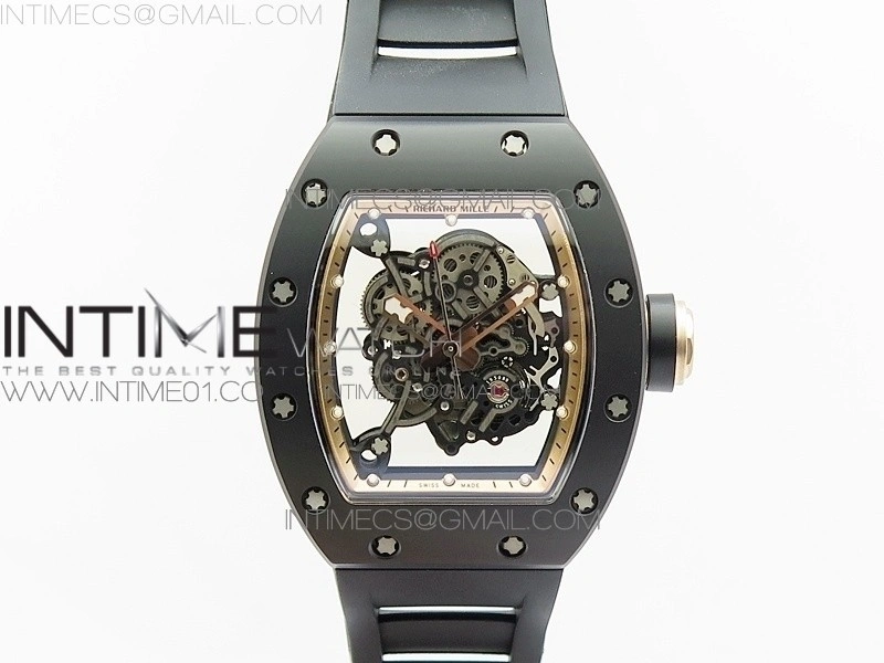 RM055 Real Ceramic Case KVF Best Edition Skeleton Dial RG Crown on Black Rubber Strap MIYOTA8215