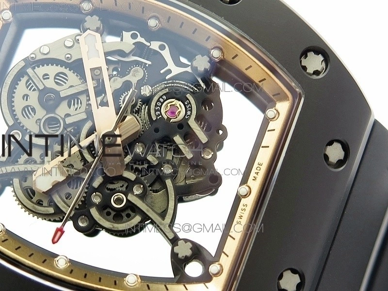 RM055 Real Ceramic Case KVF Best Edition Skeleton Dial RG Crown on Black Rubber Strap MIYOTA8215