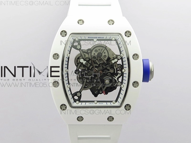 RM055 White Ceramic KVF Best Edition Skeleton Dial Blue Crown on White Rubber Strap MIYOTA8215 V3