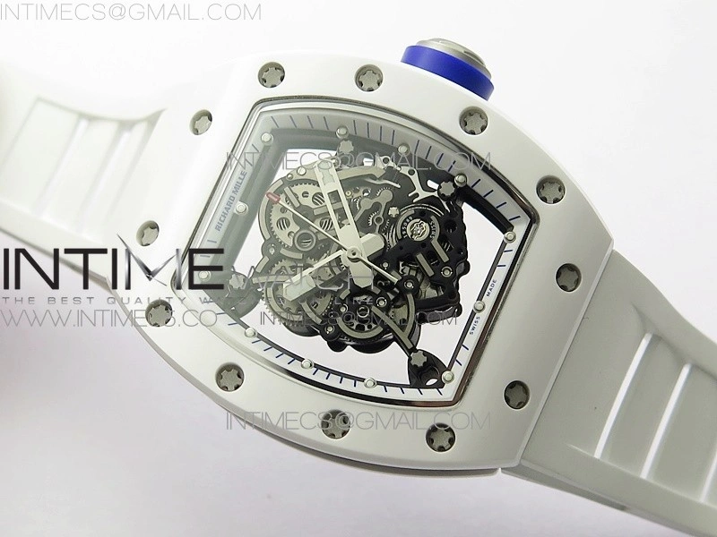 RM055 White Ceramic KVF Best Edition Skeleton Dial Blue Crown on White Rubber Strap MIYOTA8215 V3