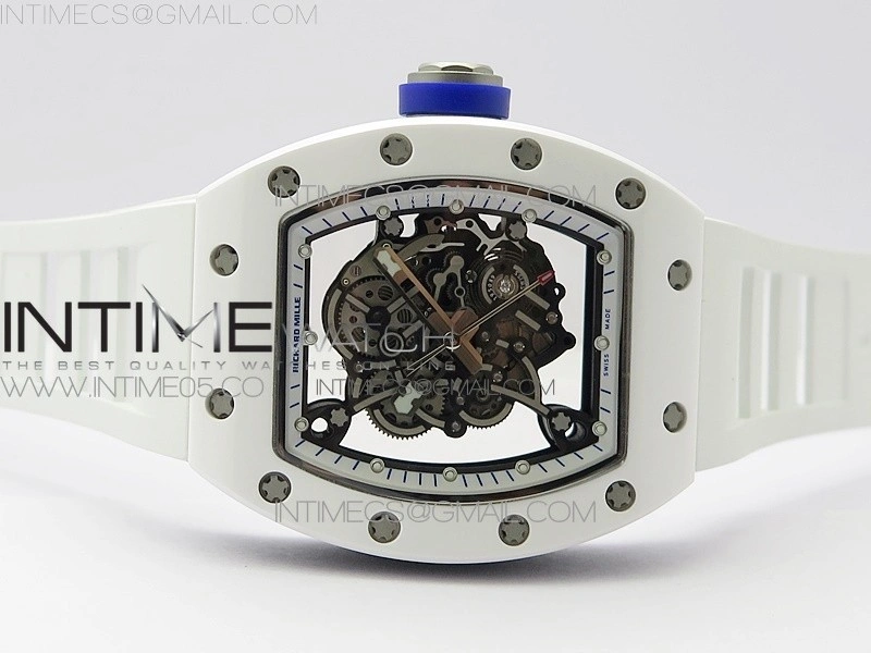 RM055 White Ceramic KVF Best Edition Skeleton Dial Blue Crown on White Rubber Strap MIYOTA8215 V3