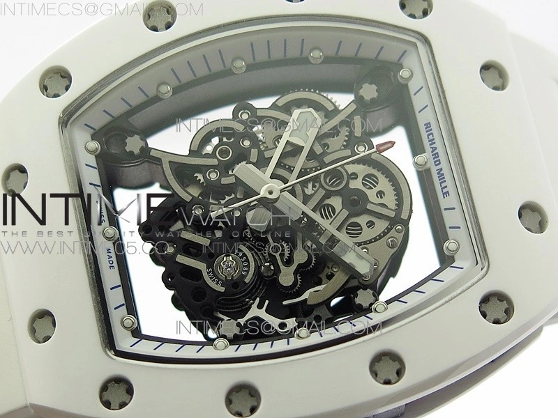RM055 White Ceramic KVF Best Edition Skeleton Dial Blue Crown on White Rubber Strap MIYOTA8215 V3