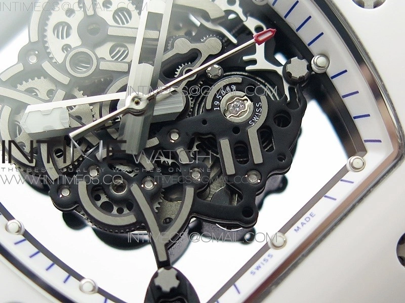 RM055 White Ceramic KVF Best Edition Skeleton Dial Blue Crown on White Rubber Strap MIYOTA8215 V3