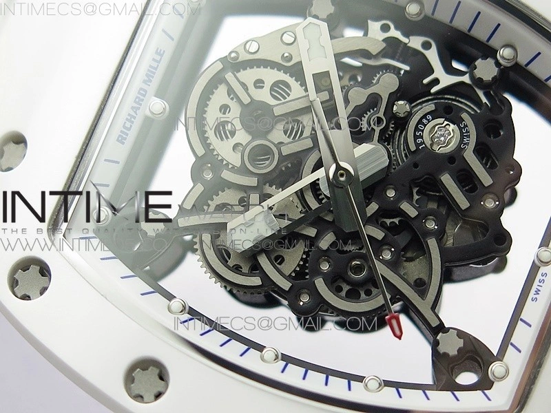 RM055 White Ceramic KVF Best Edition Skeleton Dial Blue Crown on White Rubber Strap MIYOTA8215 V3