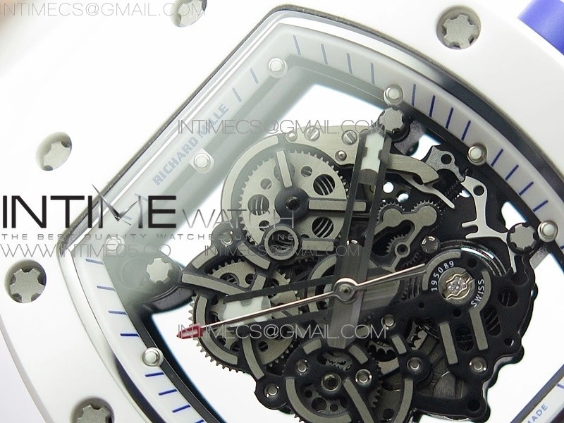 RM055 White Ceramic KVF Best Edition Skeleton Dial Blue Crown on White Rubber Strap MIYOTA8215 V3