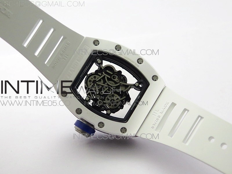 RM055 White Ceramic KVF Best Edition Skeleton Dial Blue Crown on White Rubber Strap MIYOTA8215 V3