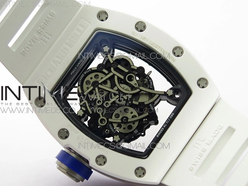 RM055 White Ceramic KVF Best Edition Skeleton Dial Blue Crown on White Rubber Strap MIYOTA8215 V3
