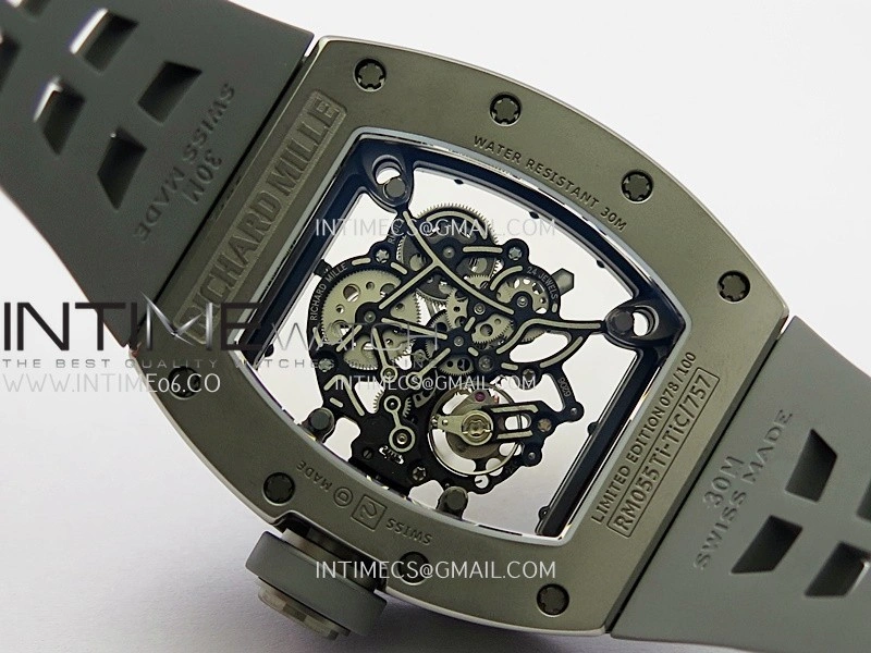 RM055 Gray Ceramic Umi Office 1:1 Best Edition Skeleton Dial Black Rubber Strap RMUL2 Super Clone
